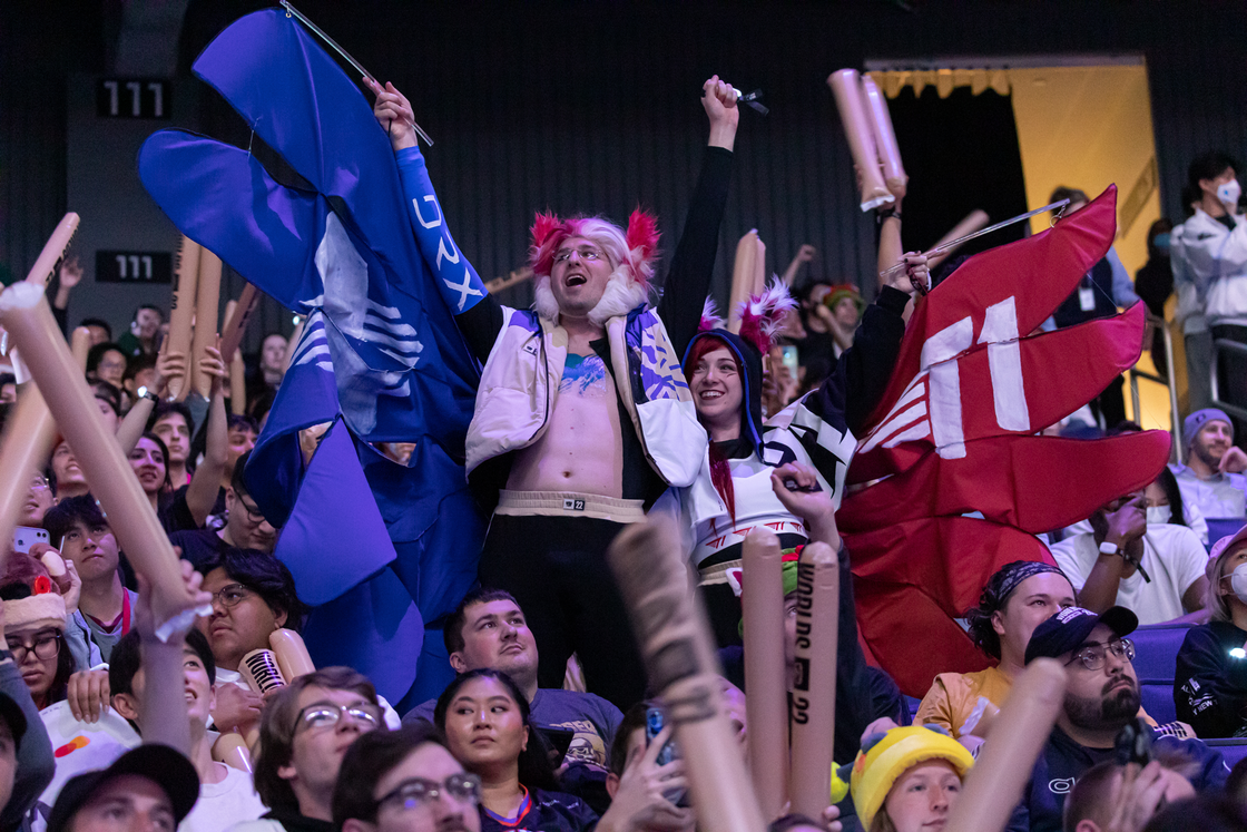 Fans celebrate during the 2022 World Final between DRX and T1